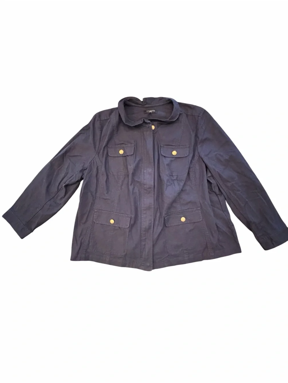 Talbots Navy Blue Utility Jacket Zip Up Military Gold Snaps 4 Pockets 20W Preppy